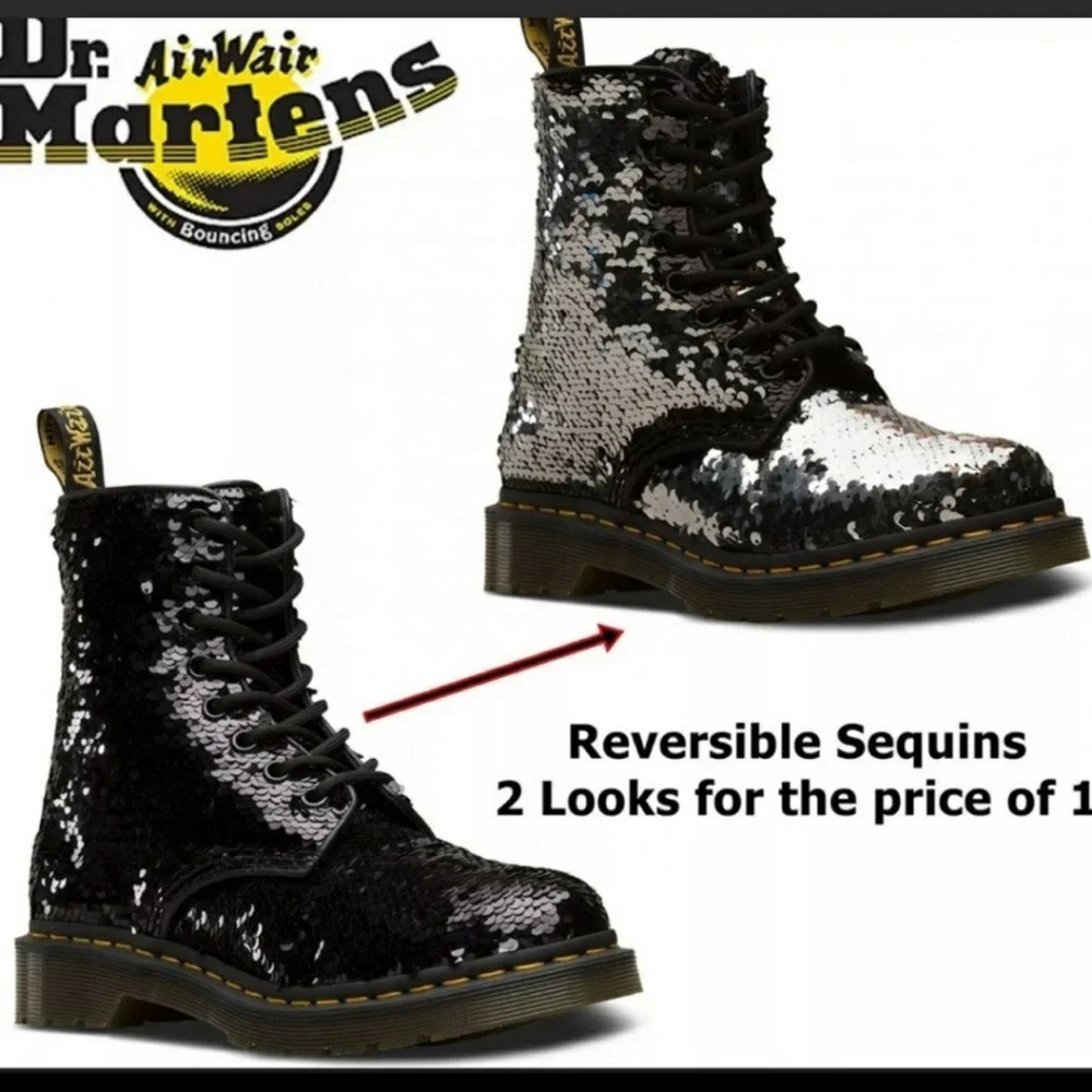 Dr.Martens 1460 Pascal Reversible Flipped Sequin Black/Silver Boots NEW